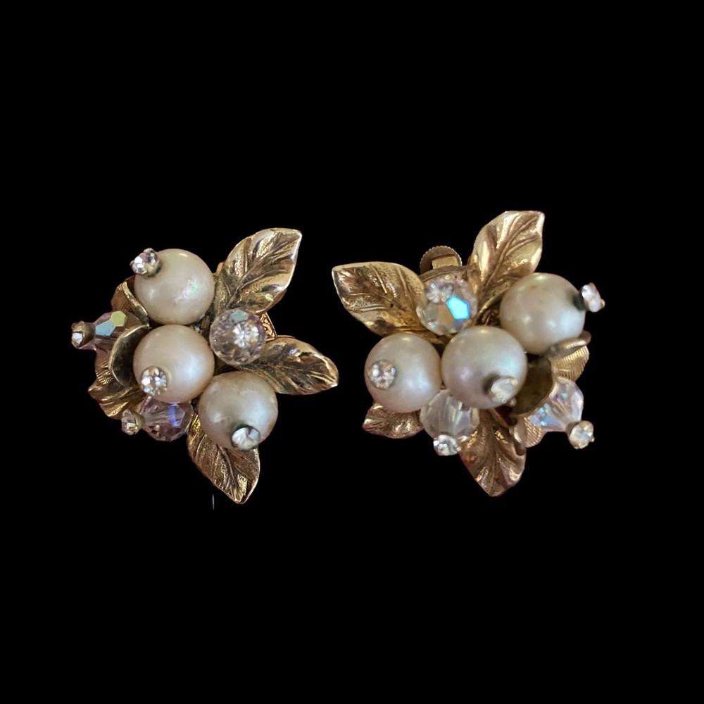 Vintage Signed Vendome Faux Pearl and AB crystals cluster flower earring.